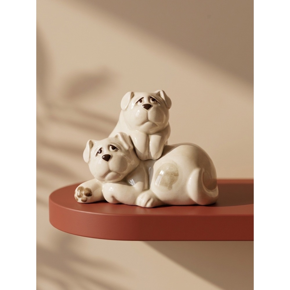 Vintage Fitz and Floyd Bulldog Salt and Pepper Shakers Set Cream Brown Spotted